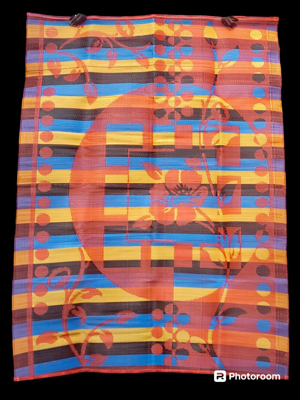 natte - tapis d'extérieur, motif floral orange, jaunebleu et noir, réversible, 275cmx180cm