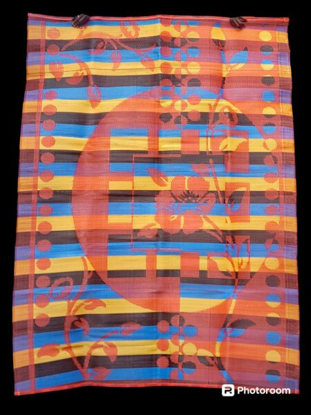natte - tapis d'extérieur, motif floral orange, jaunebleu et noir, réversible, 275cmx180cm