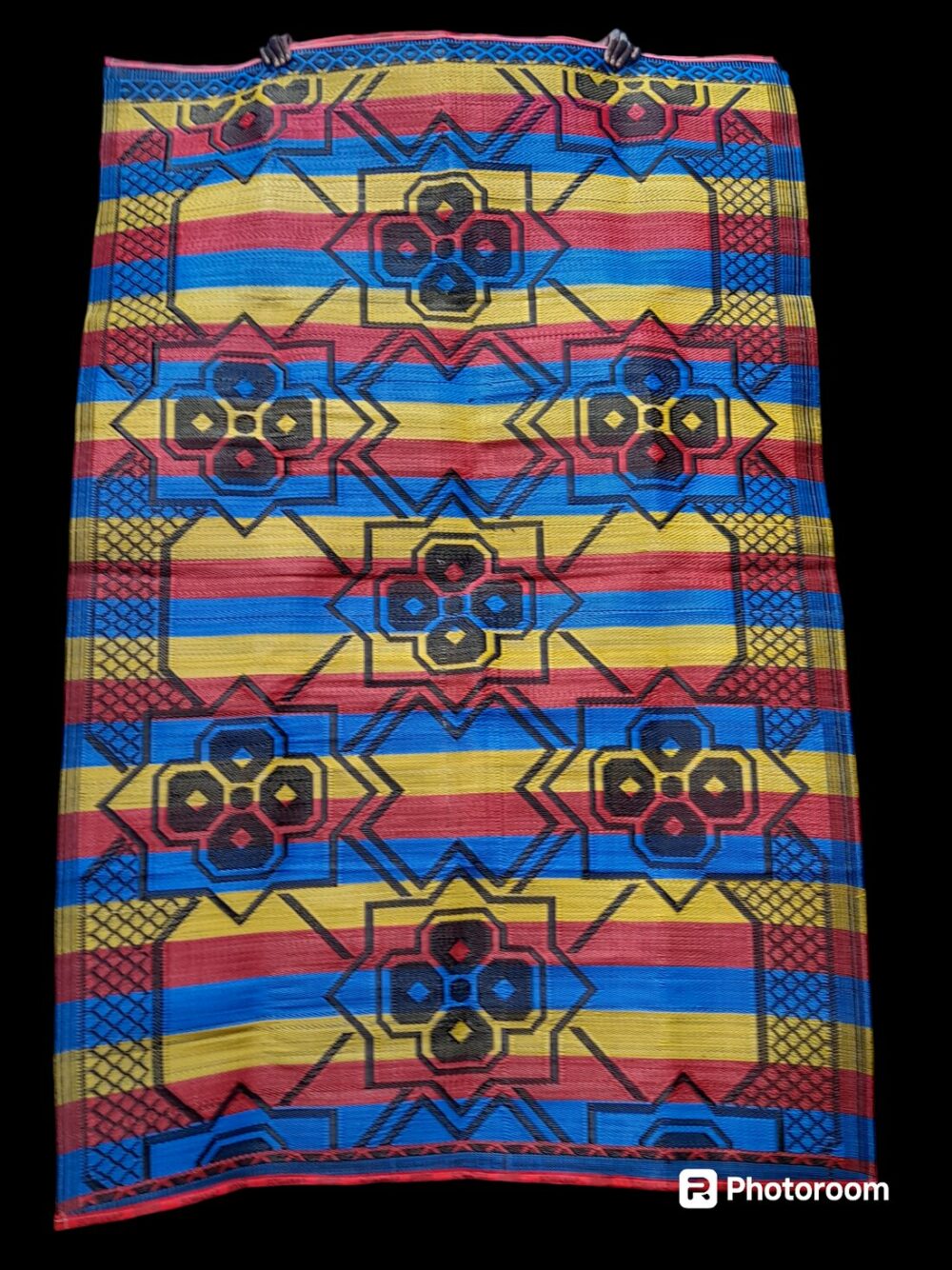 natte - tapis d'extérieur, motif graphique jaune, rouge, bleu et noir, réversible, 275cmx180cm